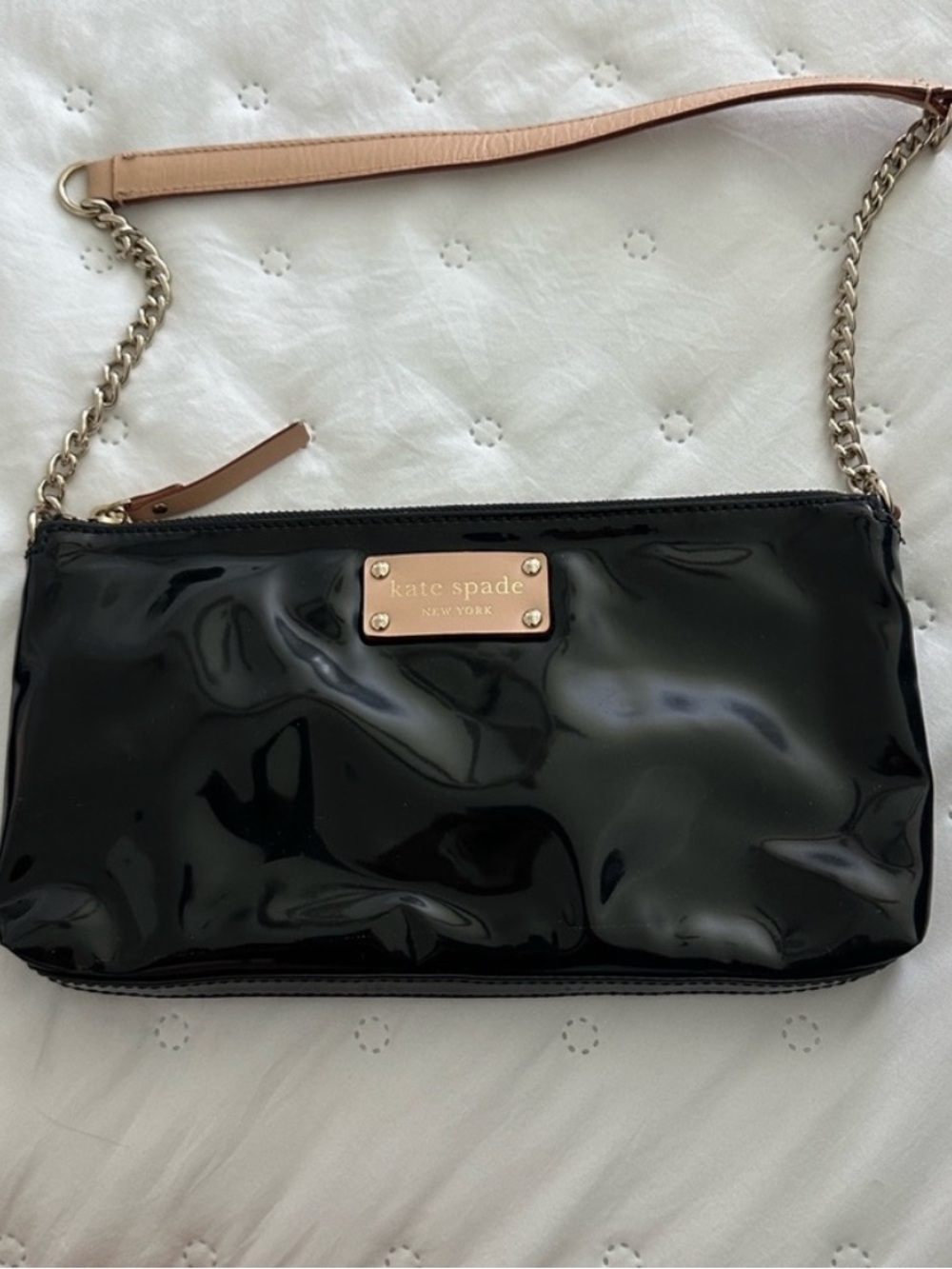Kate Spade Black Patent Clutch with Tan Strap